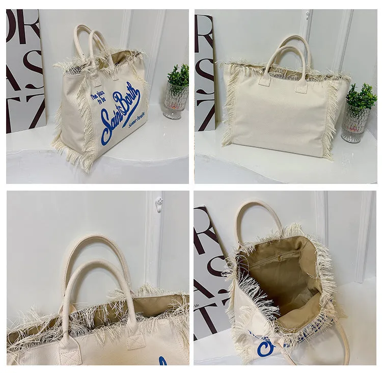 Trendsetter's Choice: The Lettered Tassel Canvas Tote - Ultimate Large Capacity Bag