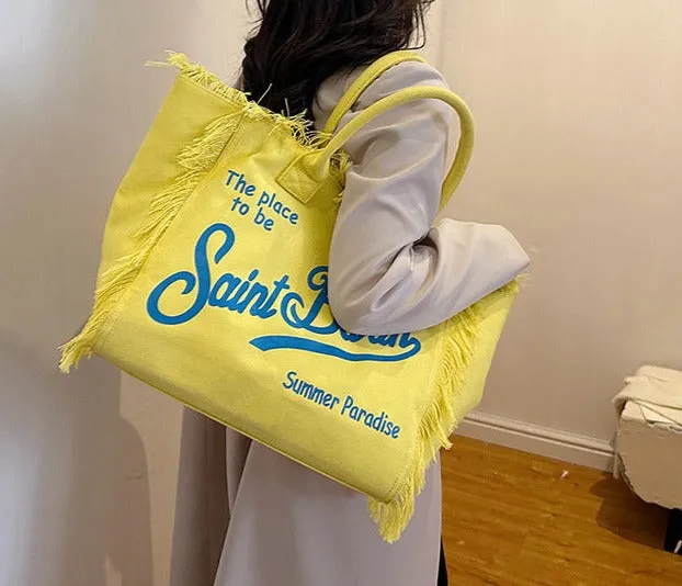 Trendsetter's Choice: The Lettered Tassel Canvas Tote - Ultimate Large Capacity Bag