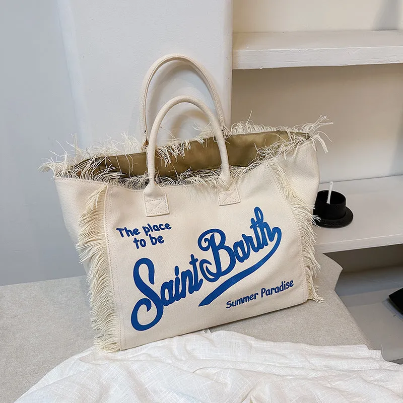 Trendsetter's Choice: The Lettered Tassel Canvas Tote - Ultimate Large Capacity Bag