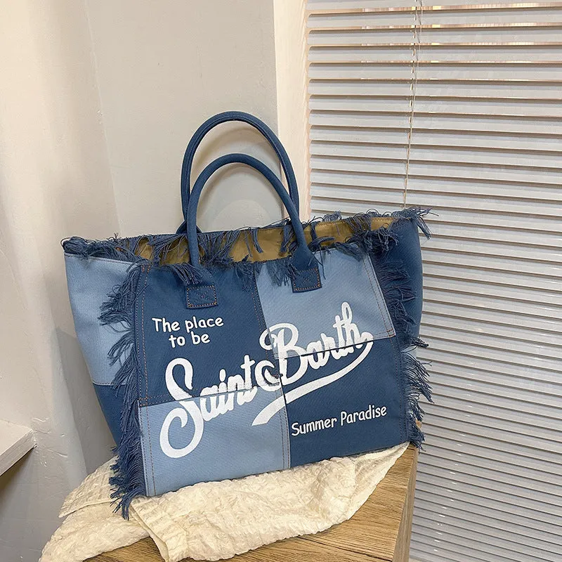 Trendsetter's Choice: The Lettered Tassel Canvas Tote - Ultimate Large Capacity Bag