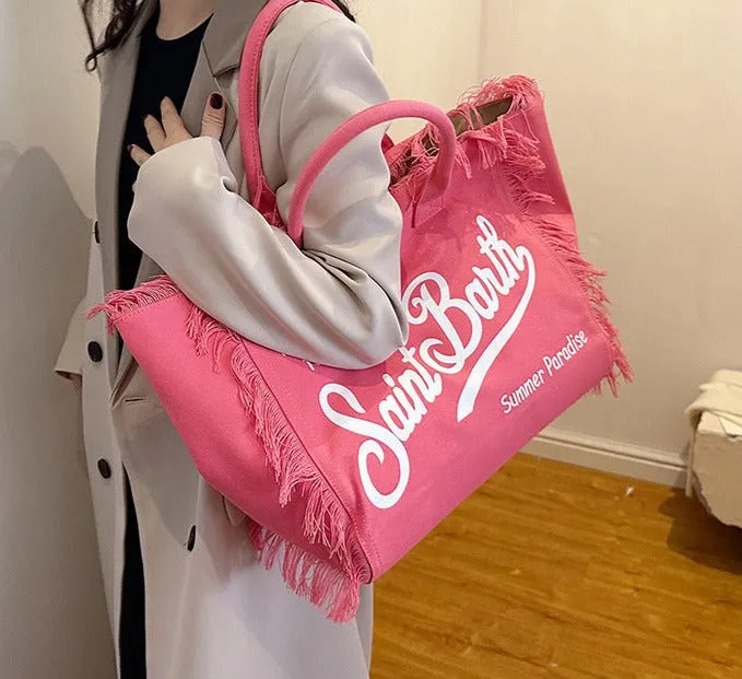 Trendsetter's Choice: The Lettered Tassel Canvas Tote - Ultimate Large Capacity Bag