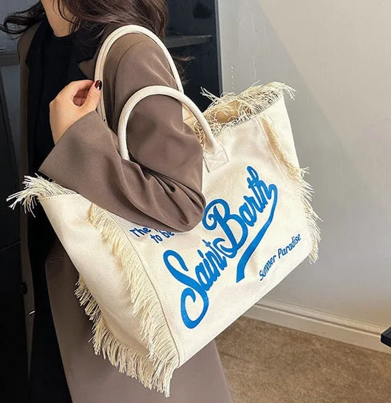 Trendsetter's Choice: The Lettered Tassel Canvas Tote - Ultimate Large Capacity Bag