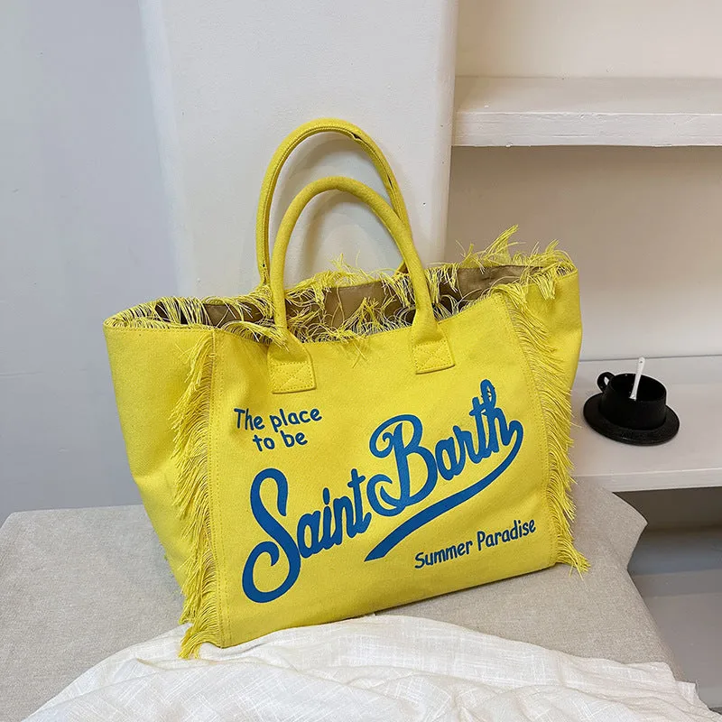 Trendsetter's Choice: The Lettered Tassel Canvas Tote - Ultimate Large Capacity Bag