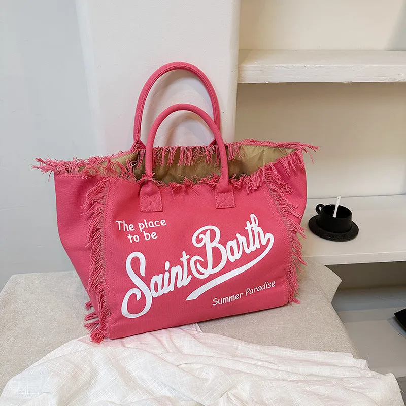 Trendsetter's Choice: The Lettered Tassel Canvas Tote - Ultimate Large Capacity Bag