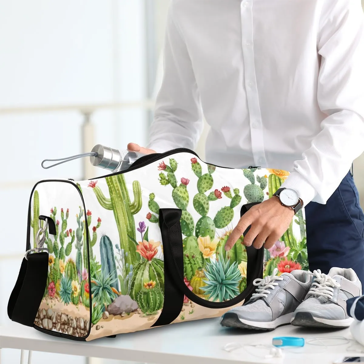 Tropical Cactus Travel Duffle Bag for Women Men Gym Duffel Foldable Bag Waterproof Weekender Desert Style Duffle Tote