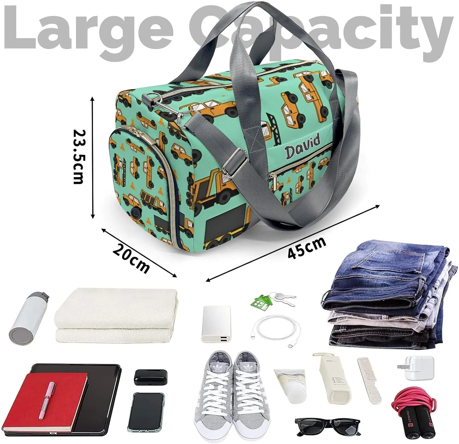 Truck Personalized Gym Dance Bag for Girls Boys,Custom Name Sport Duffel Bag Weekender Bags Carry On Travel Duffel Bag
