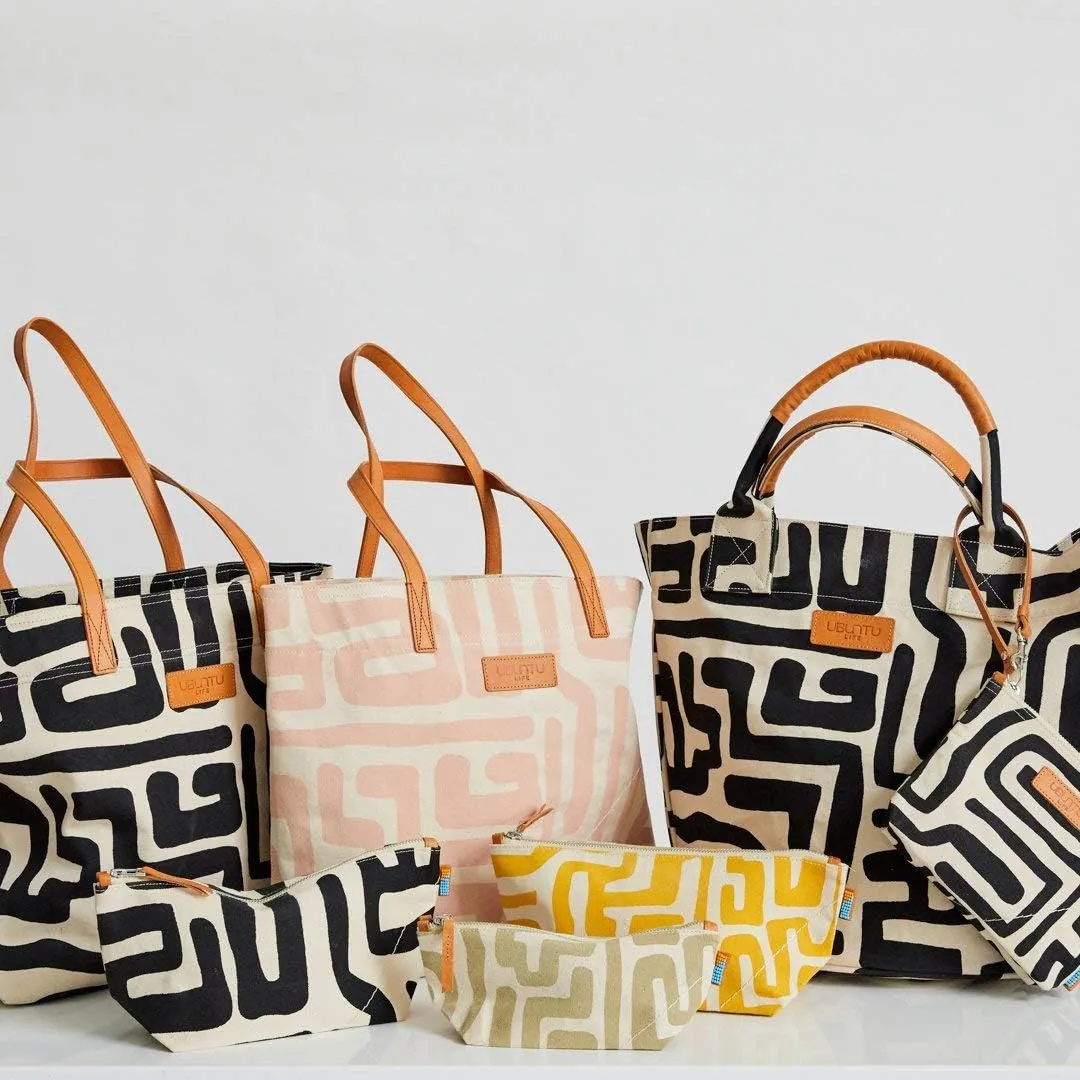 Ubuntu Life Kuba Pouch – Makeup & Toiletry Bag for Women Made with Natural Cotton Canvas, Stylish Cosmetic Bag with Kuba African Print (Mustard & Eggshell, Small)