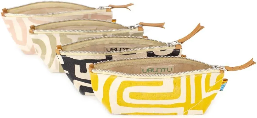Ubuntu Life Kuba Pouch – Makeup & Toiletry Bag for Women Made with Natural Cotton Canvas, Stylish Cosmetic Bag with Kuba African Print (Mustard & Eggshell, Small)