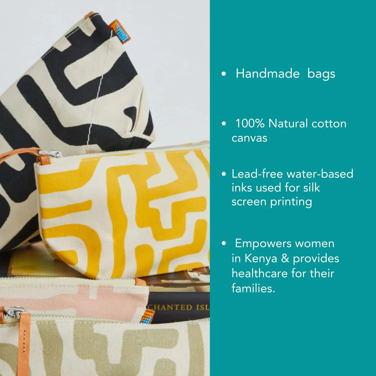 Ubuntu Life Kuba Pouch – Makeup & Toiletry Bag for Women Made with Natural Cotton Canvas, Stylish Cosmetic Bag with Kuba African Print (Mustard & Eggshell, Small)