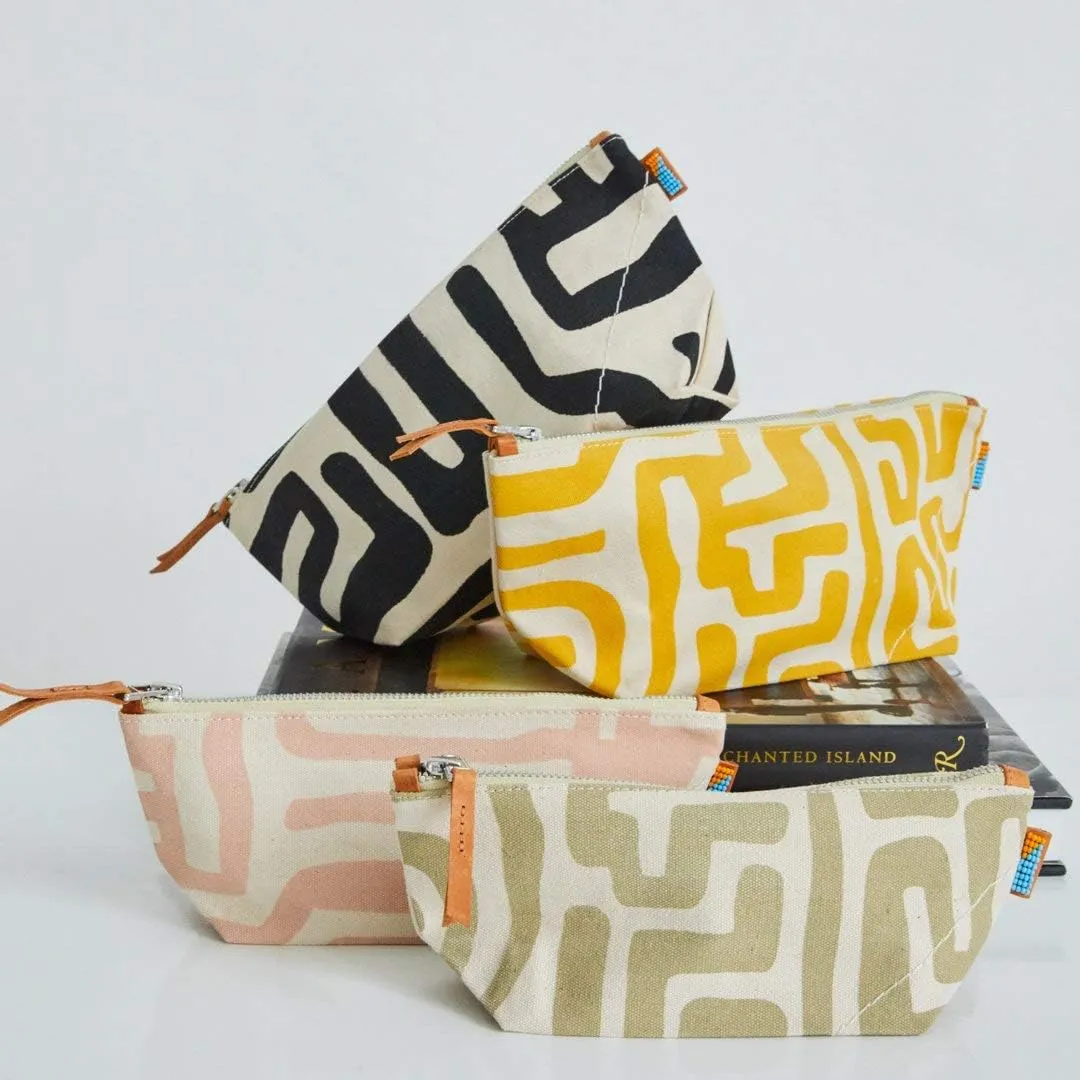 Ubuntu Life Kuba Pouch – Makeup & Toiletry Bag for Women Made with Natural Cotton Canvas, Stylish Cosmetic Bag with Kuba African Print (Mustard & Eggshell, Small)