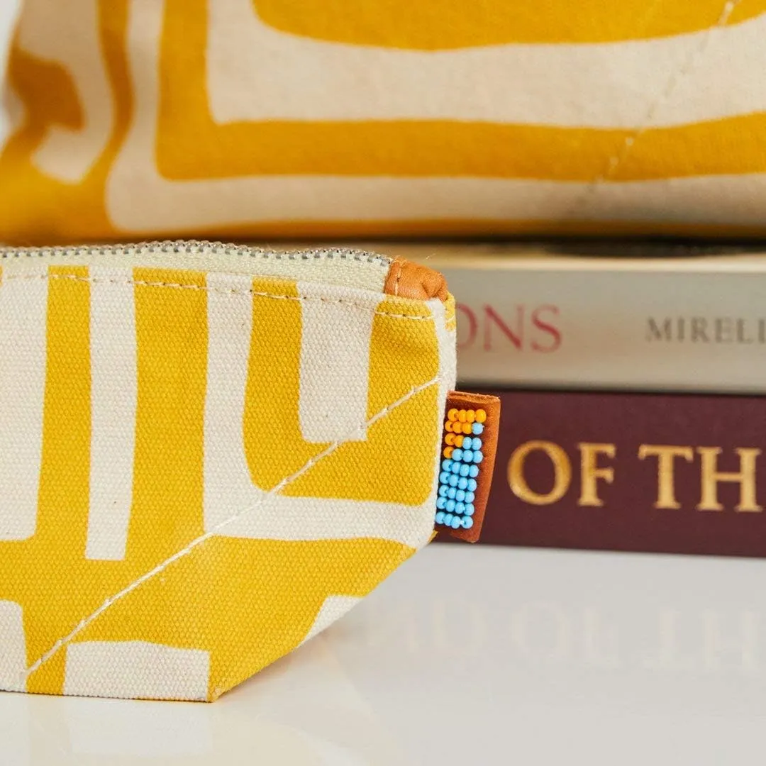 Ubuntu Life Kuba Pouch – Makeup & Toiletry Bag for Women Made with Natural Cotton Canvas, Stylish Cosmetic Bag with Kuba African Print (Mustard & Eggshell, Small)