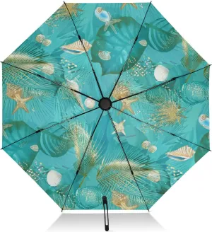 Umbrella, Auto Open Close Folding Umbrella Windproof, Compact Size for Backpacks/Handbags - for Travel, Teal Palm Leaves Gold Starfish