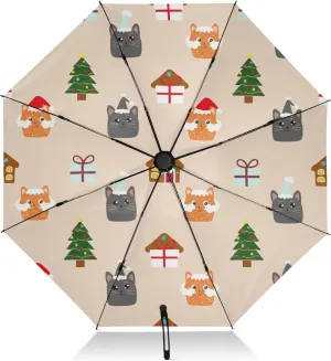 Umbrellas for Rain, Folding Umbrella Compact Windproof, Ideal for Car, Purse, Men and Women, Cute Christmas Cats Beige