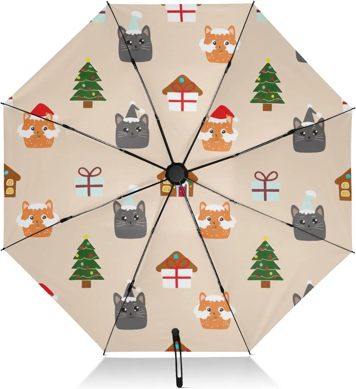 Umbrellas for Rain, Folding Umbrella Compact Windproof, Ideal for Car, Purse, Men and Women, Cute Christmas Cats Beige