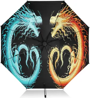 Umbrellas for Rain, Umbrella Small Compact Windproof, Ideal for Car, Purse, Men and Women, Teal Orange Dragons Black