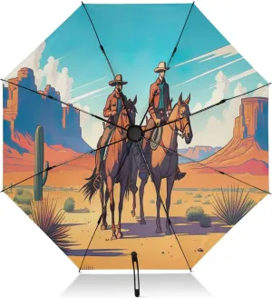 Umbrellas for Rain, Windproof Collapsible Umbrellas for Rain, Ideal for Car, Purse, Men and Women, Cowboys Horses Desert
