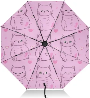 Umbrellas for Rain, Windproof Collapsible Umbrellas for Rain, Ideal for Car, Purse, Men and Women, Cute Cat Pink