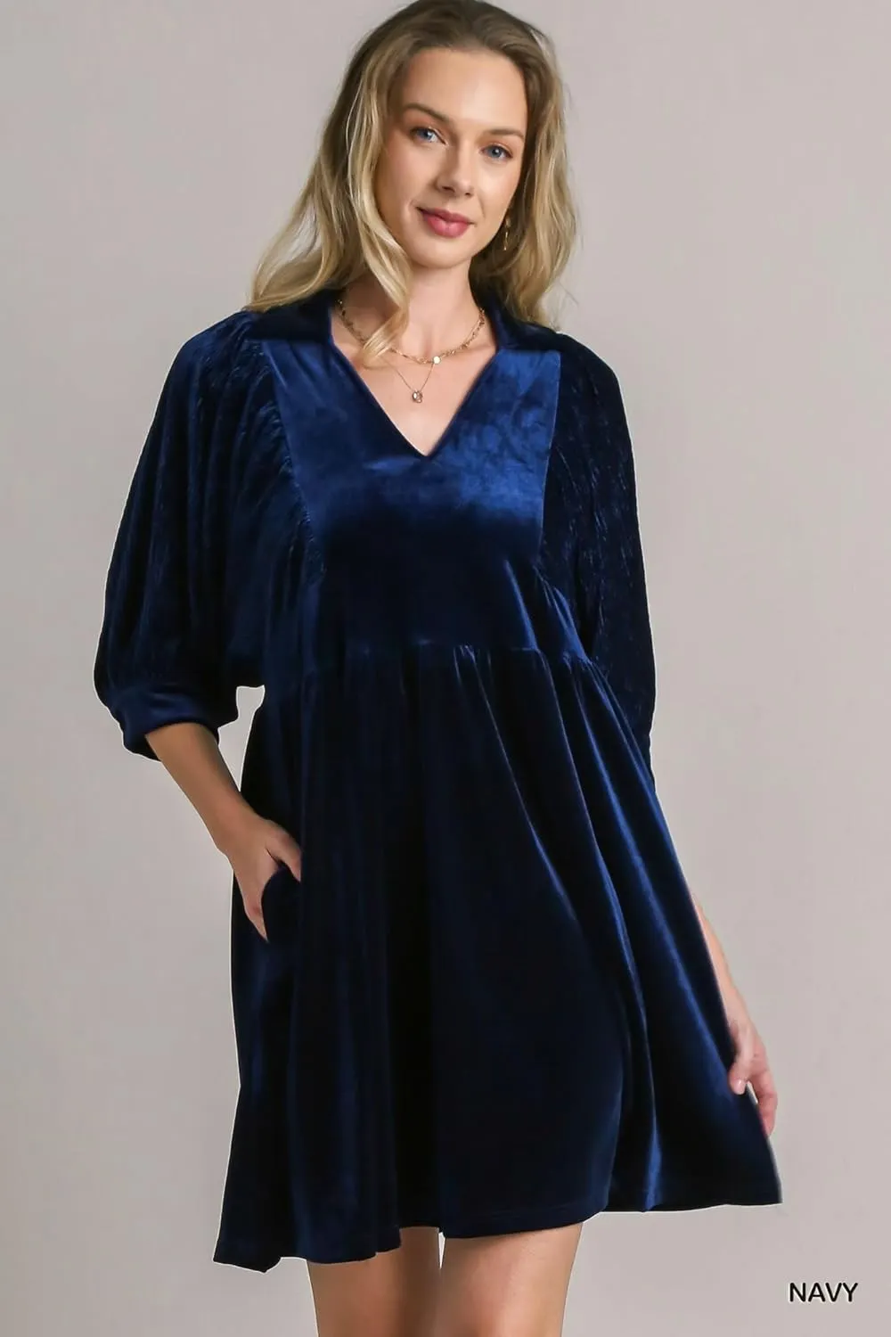Umgee - Velvet 3/4 Sleeves Collar Dress - Elegant Women’s Attire for Winter Gatherings, Wedding Guest, Cocktail Formal Events