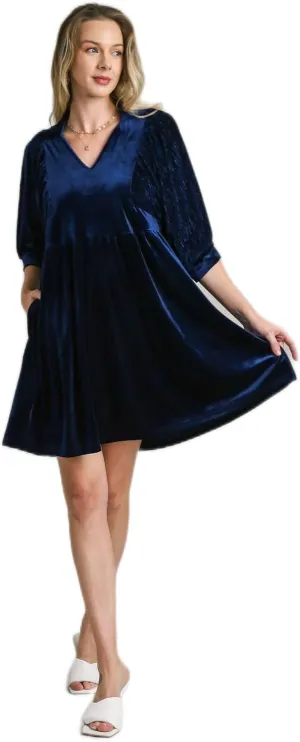Umgee - Velvet 3/4 Sleeves Collar Dress - Elegant Women’s Attire for Winter Gatherings, Wedding Guest, Cocktail Formal Events