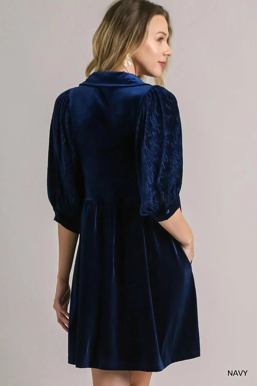 Umgee - Velvet 3/4 Sleeves Collar Dress - Elegant Women’s Attire for Winter Gatherings, Wedding Guest, Cocktail Formal Events