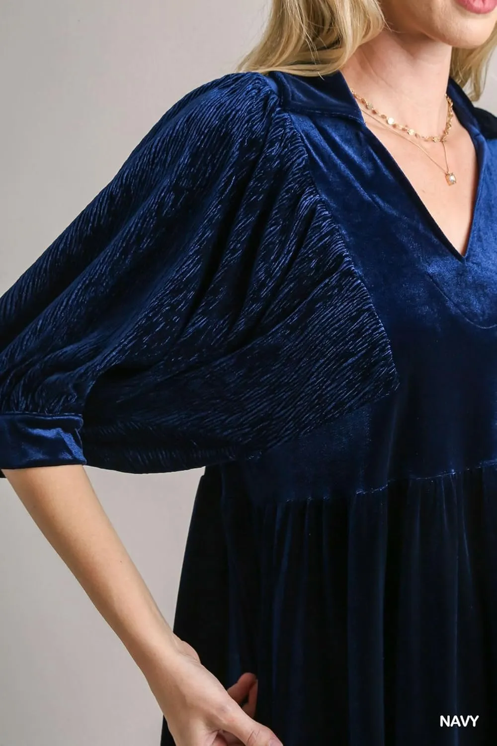 Umgee - Velvet 3/4 Sleeves Collar Dress - Elegant Women’s Attire for Winter Gatherings, Wedding Guest, Cocktail Formal Events