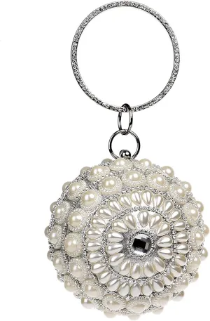 UMREN Women Round Clutch Ball Evening Bag Dazzling Full Beaded Artificial Pearls Handbag for Wedding Parites Prom