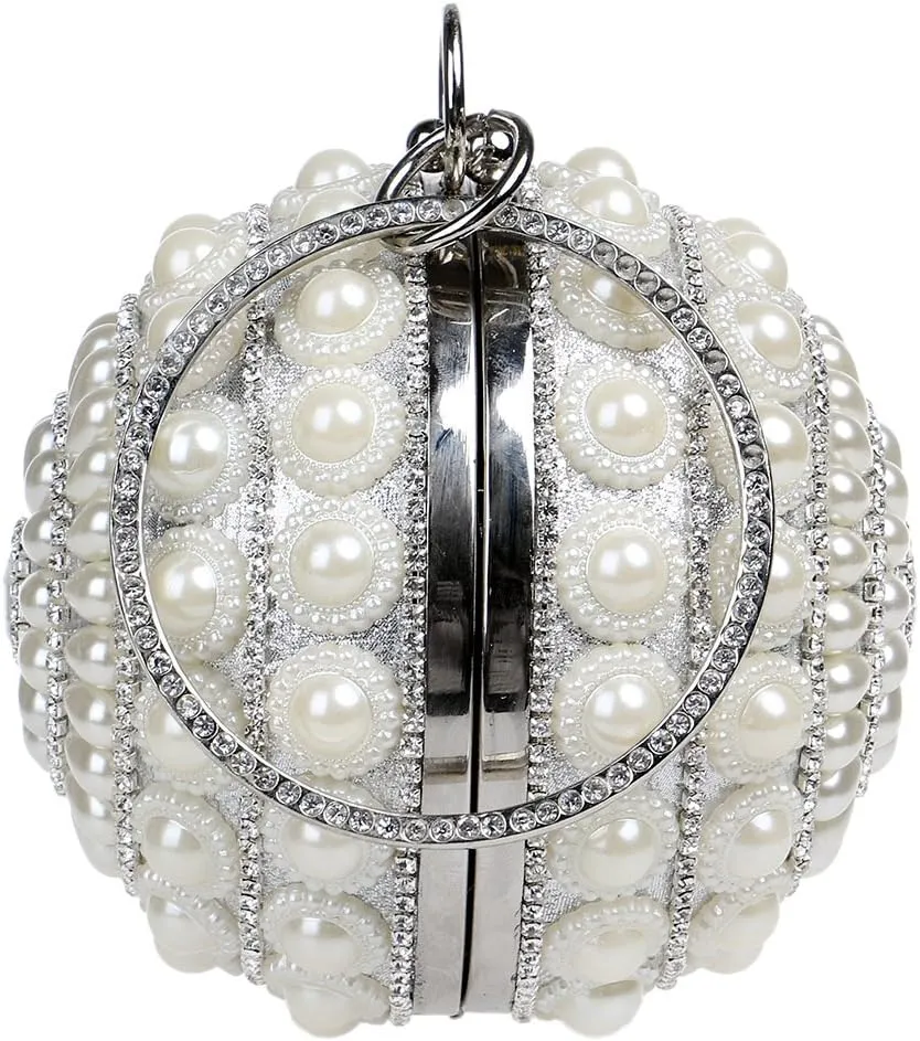 UMREN Women Round Clutch Ball Evening Bag Dazzling Full Beaded Artificial Pearls Handbag for Wedding Parites Prom