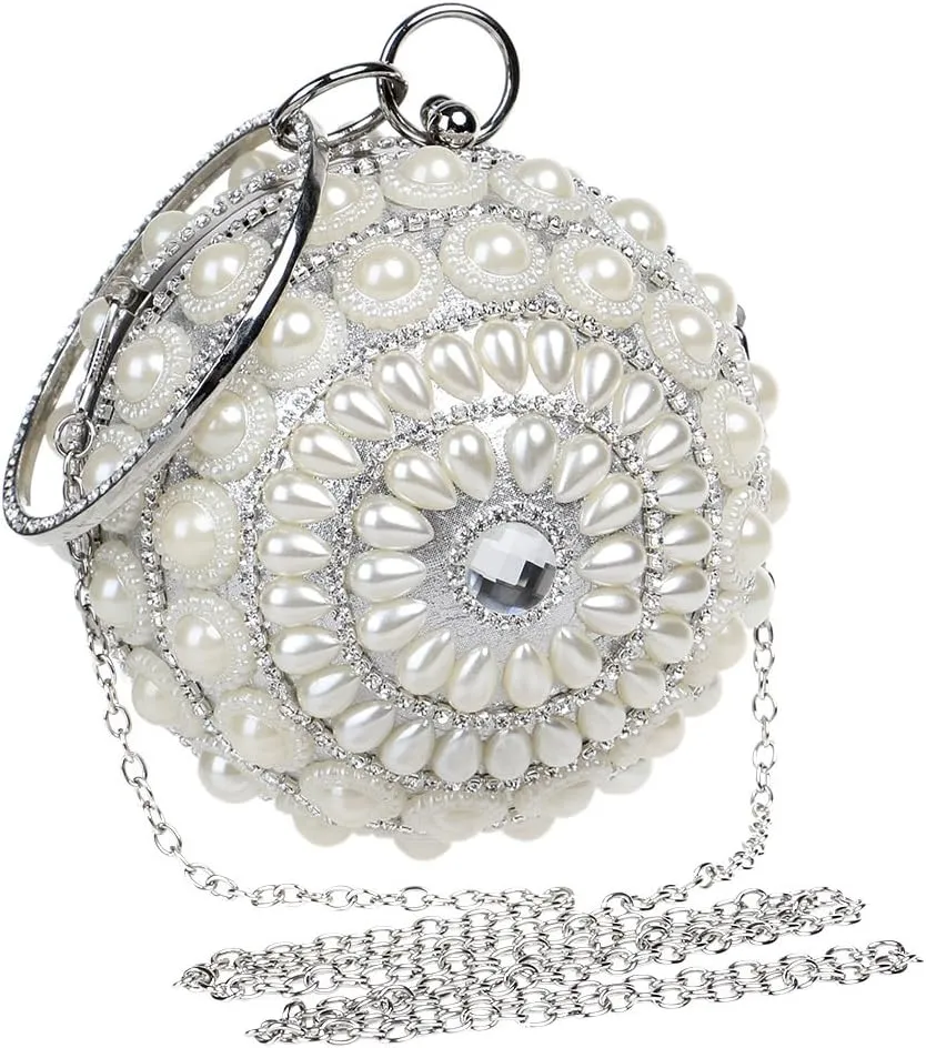 UMREN Women Round Clutch Ball Evening Bag Dazzling Full Beaded Artificial Pearls Handbag for Wedding Parites Prom