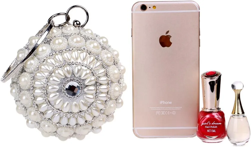 UMREN Women Round Clutch Ball Evening Bag Dazzling Full Beaded Artificial Pearls Handbag for Wedding Parites Prom