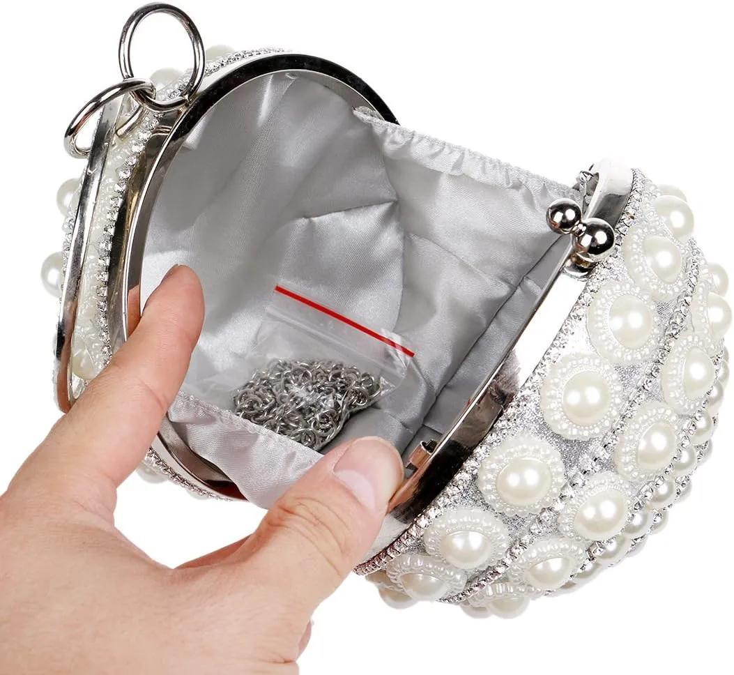 UMREN Women Round Clutch Ball Evening Bag Dazzling Full Beaded Artificial Pearls Handbag for Wedding Parites Prom