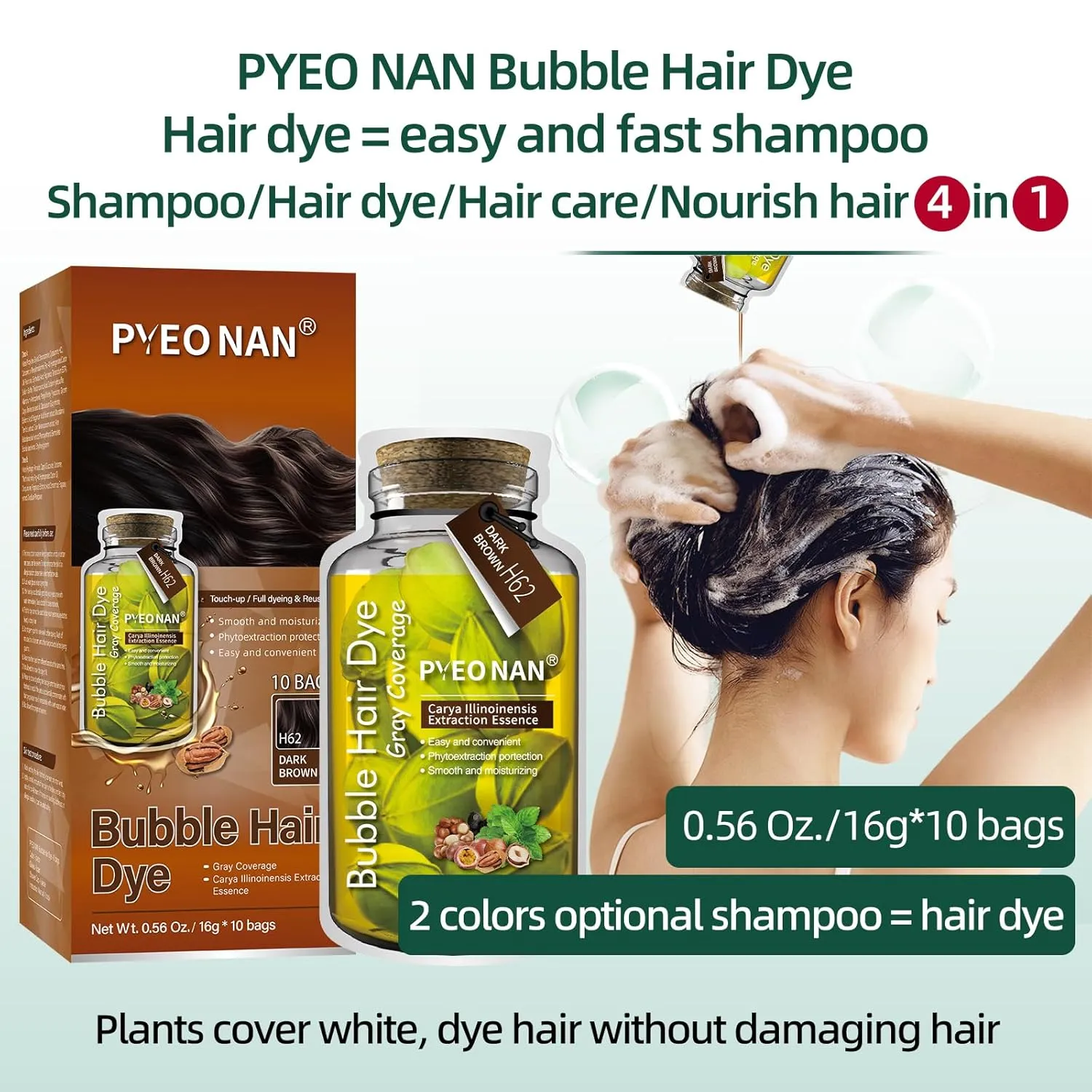 Unisex Bubble Hair Dye with Natural Plant Extracts, 2-in-1 for Gray Coverage and Hair Care, Gray Hair Turns into Black or Dark Brown with Herbal Ingredients,10 Bags Hair Color 5.6 Oz./160g