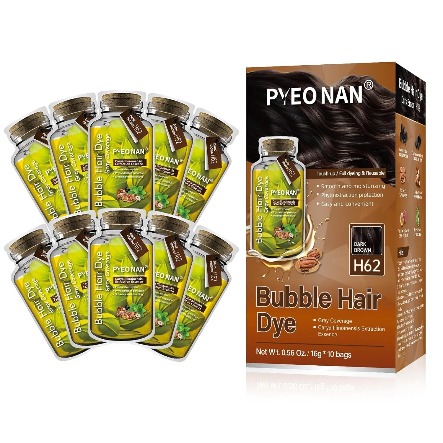 Unisex Bubble Hair Dye with Natural Plant Extracts, 2-in-1 for Gray Coverage and Hair Care, Gray Hair Turns into Black or Dark Brown with Herbal Ingredients,10 Bags Hair Color 5.6 Oz./160g