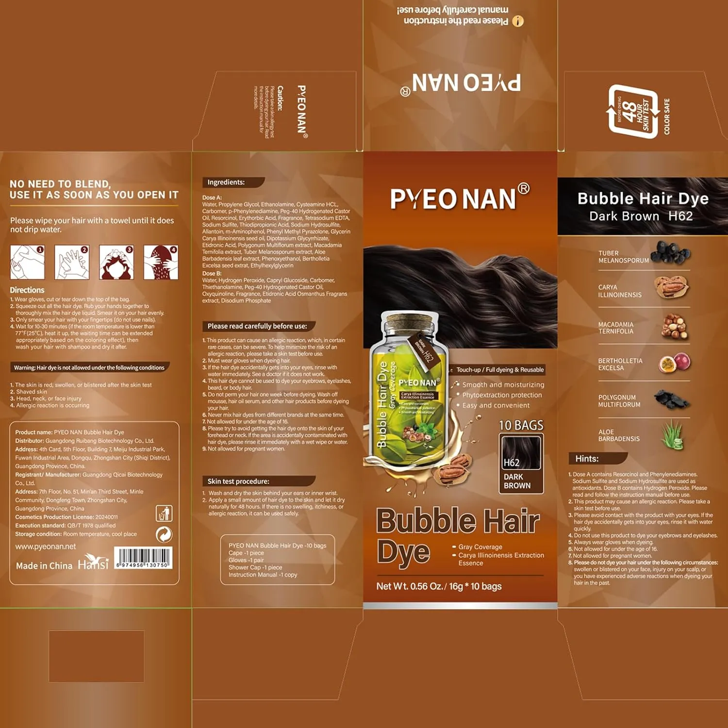 Unisex Bubble Hair Dye with Natural Plant Extracts, 2-in-1 for Gray Coverage and Hair Care, Gray Hair Turns into Black or Dark Brown with Herbal Ingredients,10 Bags Hair Color 5.6 Oz./160g