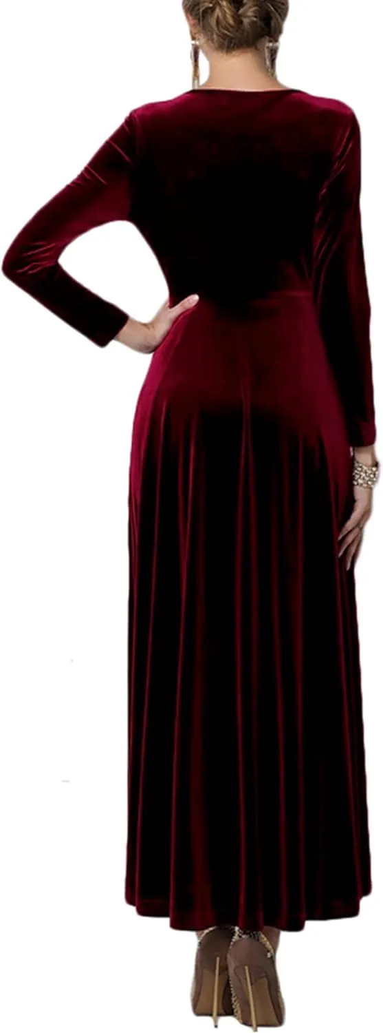 Urban CoCo Women Long Sleeve V-Neck Velvet Stretchy Long Dress