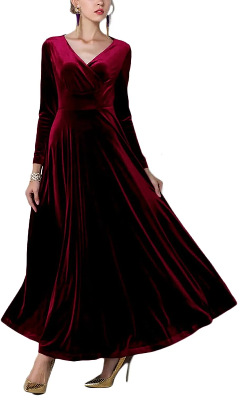 Urban CoCo Women Long Sleeve V-Neck Velvet Stretchy Long Dress
