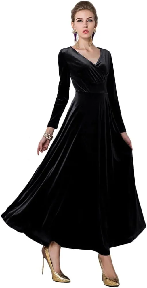 Urban CoCo Women Long Sleeve V-Neck Velvet Stretchy Long Dress