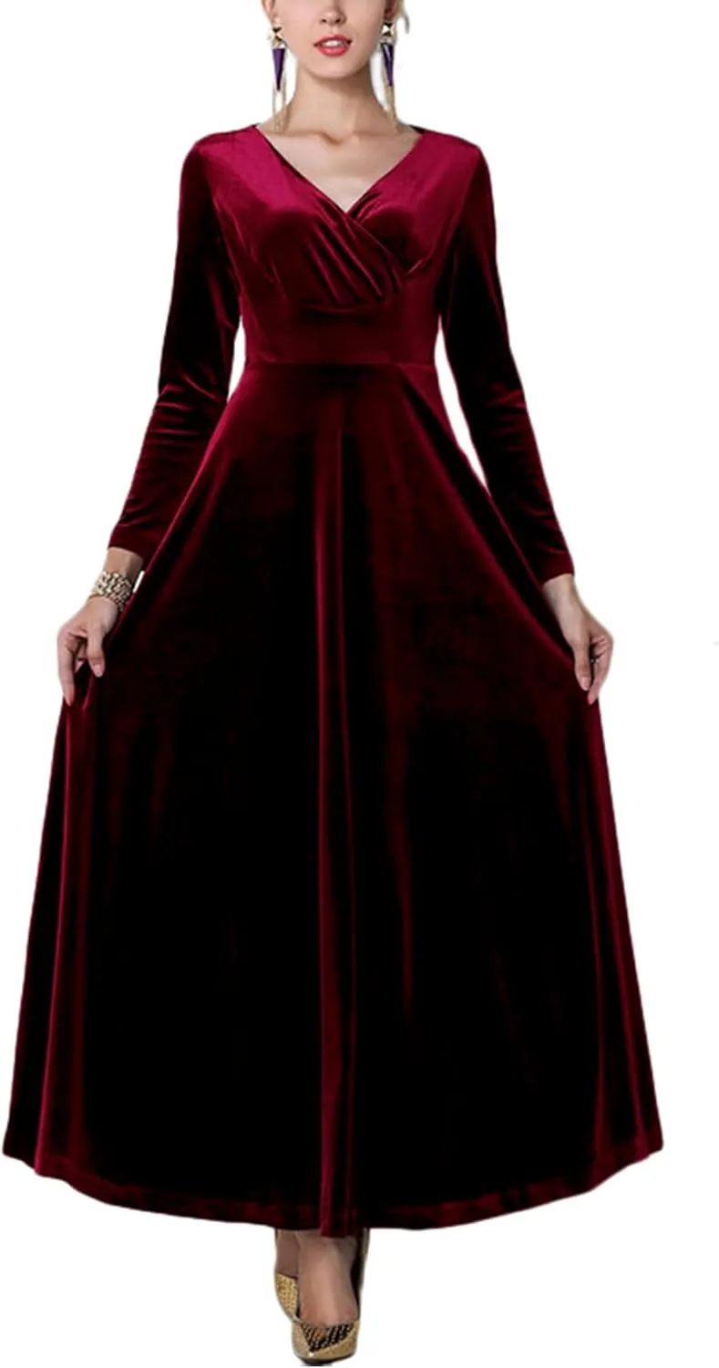 Urban CoCo Women Long Sleeve V-Neck Velvet Stretchy Long Dress