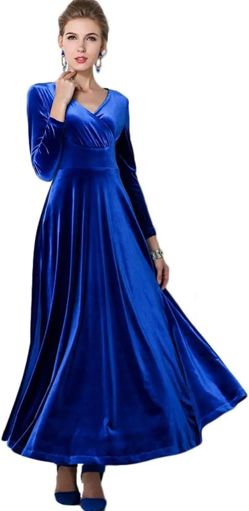 Urban CoCo Women Long Sleeve V-Neck Velvet Stretchy Long Dress