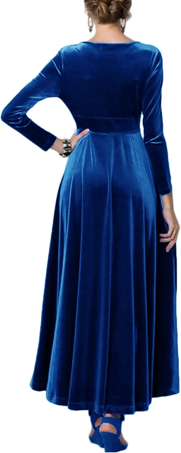 Urban CoCo Women Long Sleeve V-Neck Velvet Stretchy Long Dress