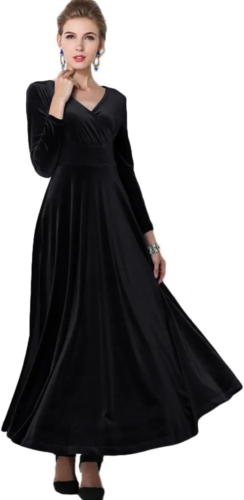 Urban CoCo Women Long Sleeve V-Neck Velvet Stretchy Long Dress