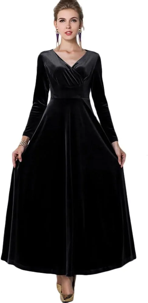Urban CoCo Women Long Sleeve V-Neck Velvet Stretchy Long Dress
