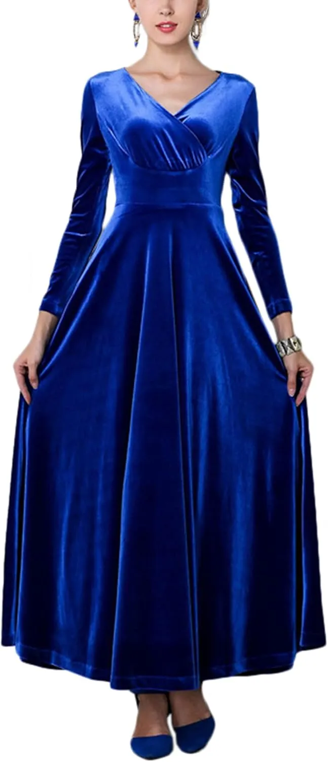 Urban CoCo Women Long Sleeve V-Neck Velvet Stretchy Long Dress