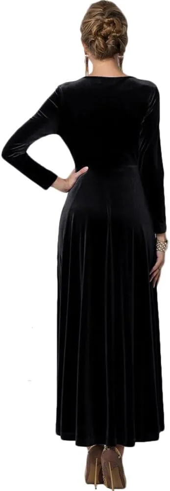 Urban CoCo Women Long Sleeve V-Neck Velvet Stretchy Long Dress