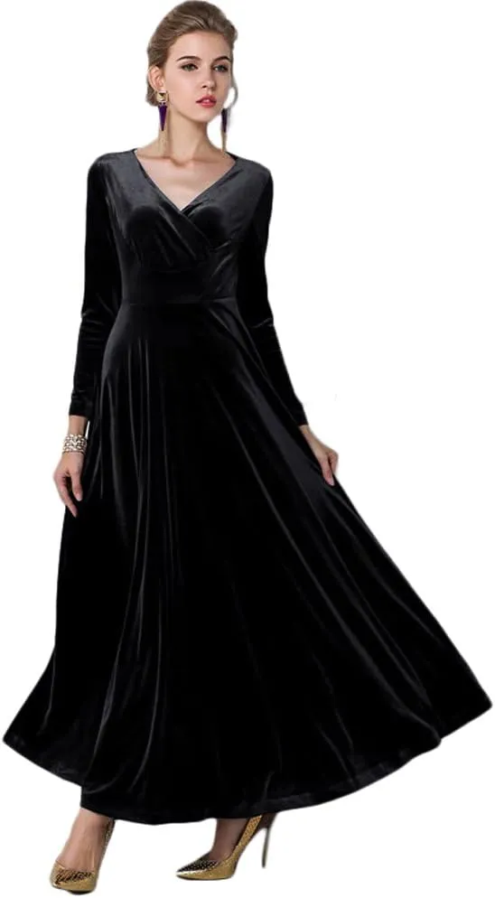 Urban CoCo Women Long Sleeve V-Neck Velvet Stretchy Long Dress
