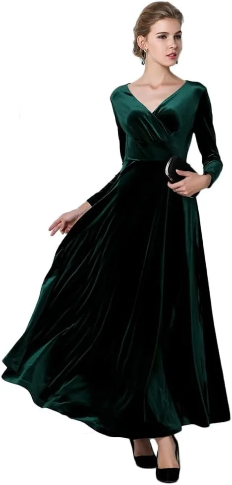Urban CoCo Women Long Sleeve V-Neck Velvet Stretchy Long Dress