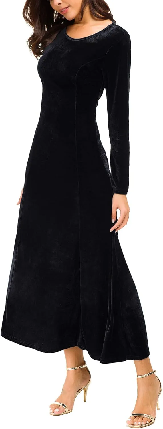 Urban CoCo Women's Elegant Long Sleeve Ruched Velvet Stretchy Long Dress