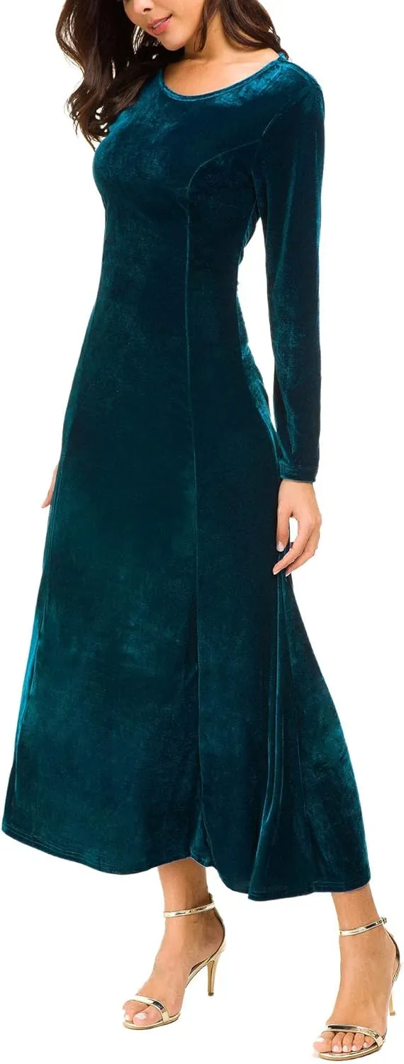 Urban CoCo Women's Elegant Long Sleeve Ruched Velvet Stretchy Long Dress