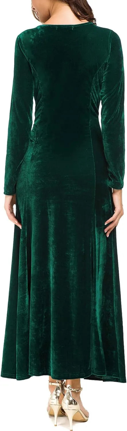 Urban CoCo Women's Elegant Long Sleeve Ruched Velvet Stretchy Long Dress