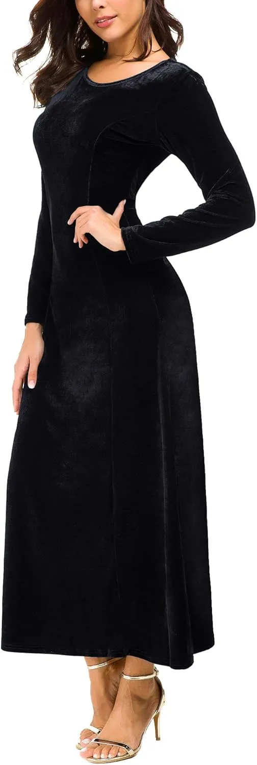 Urban CoCo Women's Elegant Long Sleeve Ruched Velvet Stretchy Long Dress