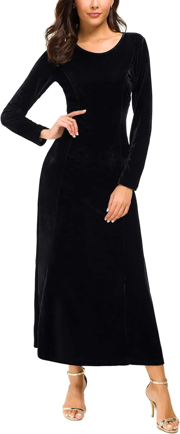 Urban CoCo Women's Elegant Long Sleeve Ruched Velvet Stretchy Long Dress